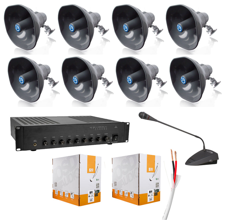 Large Area Public Address System with Eight Atlas Horn Speakers for distributed PA Announcements.