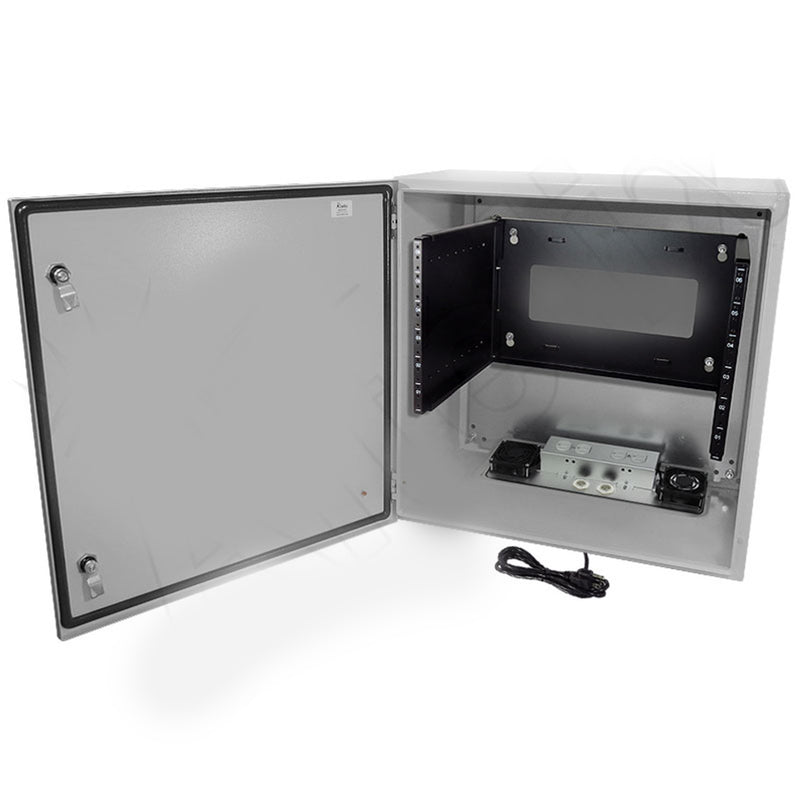 24x24x16 19" Wide 6U Rack Steel Weatherproof NEMA Enclosure with Dual Cooling Fans, Dual 120 VAC Duplex Outlets and Power Cord