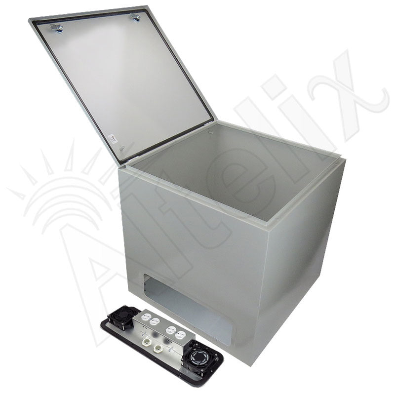 24x24x24 Steel Weatherproof NEMA Enclosure with Dual Cooling Fans, 120 VAC Outlets and Power CordPlate
