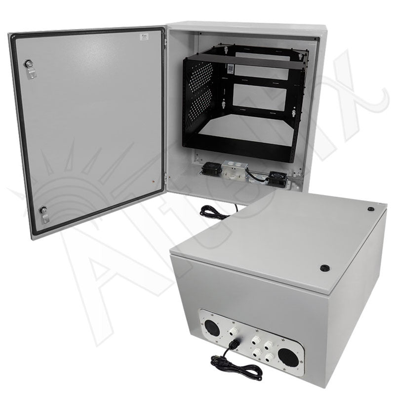 28x24x16 Steel Weatherproof NEMA Enclosure with Heavy Duty 19" Adjustable 8U Rack Frame, Dual Cooling Fans, Single 120 VAC Duplex Outlet and Power Cord