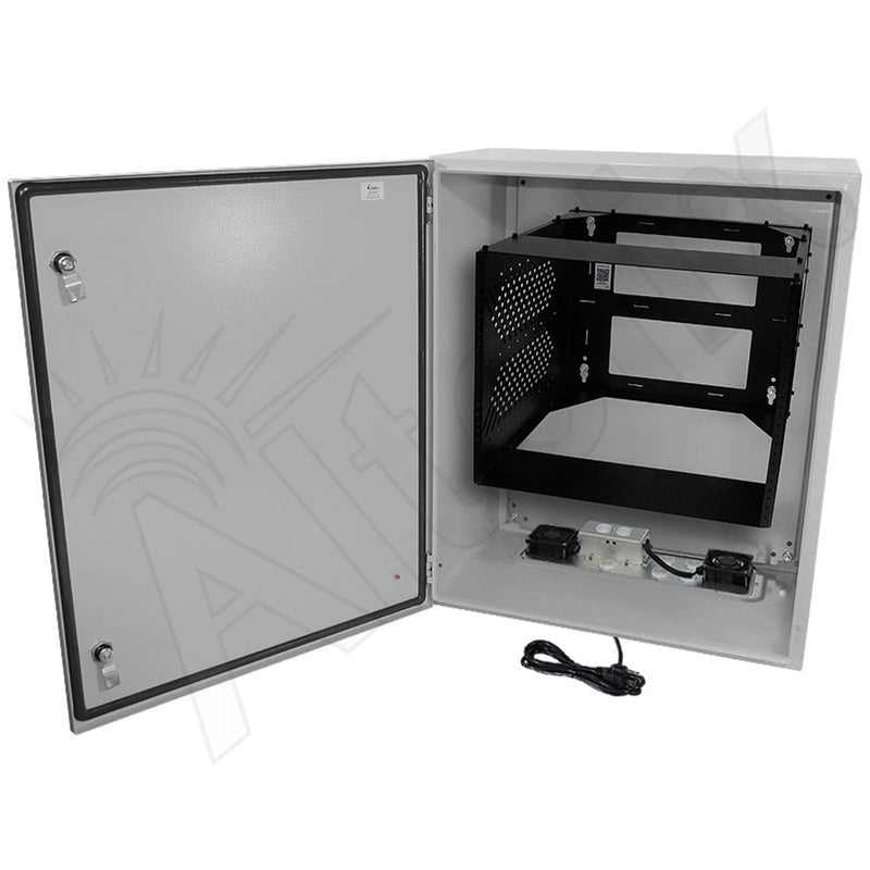 28x24x16 Steel Weatherproof NEMA Enclosure with Heavy Duty 19" Adjustable 8U Rack Frame, Dual Cooling Fans, Single 120 VAC Duplex Outlet and Power Cord