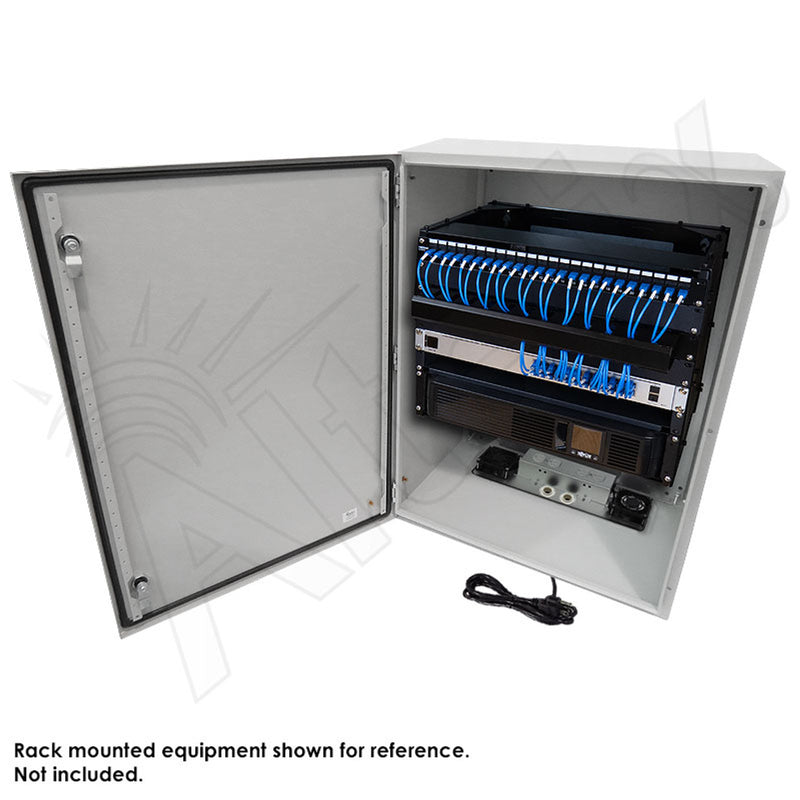 32x24x16 Steel Weatherproof NEMA Enclosure with Heavy Duty 19" Wide 8U Rack Frame, Dual Cooling Fans, Dual 120 VAC Duplex Outlets and Power Cord