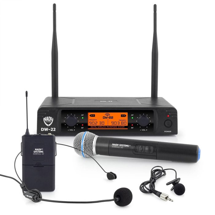 Wireless Microphone System - DW-22-HT-LT-HM  Dual Channel UHF Wireless Reciever bundled with 1 Handheld and 1 Headset w/ body pack mics