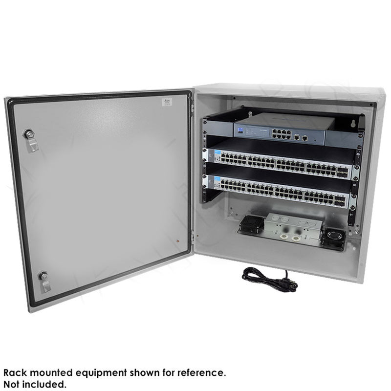 24x24x16 19" Wide 6U Rack Steel Weatherproof NEMA Enclosure with Dual Cooling Fans, Dual 120 VAC Duplex Outlets and Power Cord