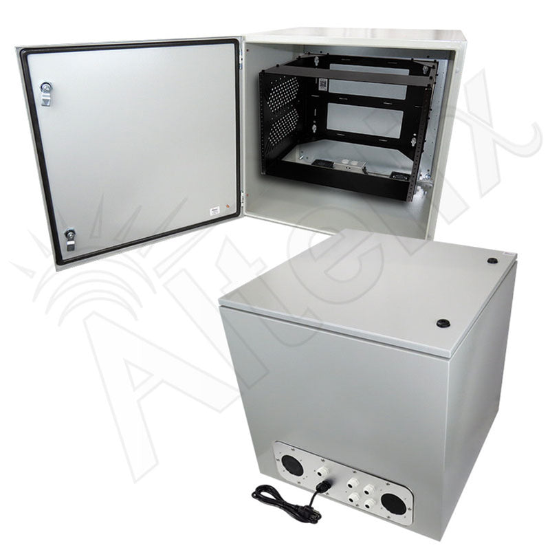 24x24x24 Steel Weatherproof NEMA Enclosure with Heavy Duty 19" Wide Adjustable 8U Rack Frame, Dual Cooling Fans, Single 120 VAC Duplex Outlet and Power Cord