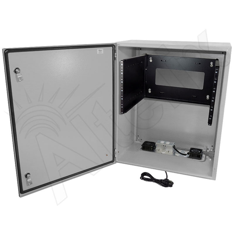 28x24x16 19" Wide 6U Rack Steel Weatherproof NEMA Enclosure with Dual Cooling Fans, Single 120 VAC Duplex Outlet and Power Cord