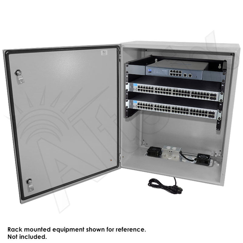 28x24x16 19" Wide 6U Rack Steel Weatherproof NEMA Enclosure with Dual Cooling Fans, Single 120 VAC Duplex Outlet and Power Cord