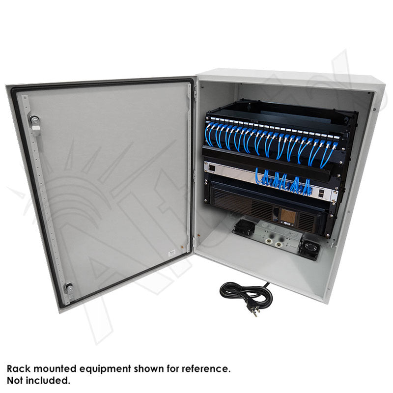 32x24x16 120VAC 20A Steel NEMA Enclosure for UPS Power Systems with Heavy Duty 19" Wide 8U Rack Frame, Dual Cooling Fans, 20A Power Outlets & Power Cord