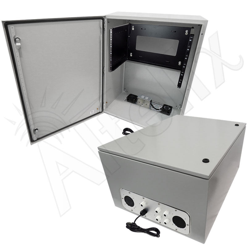 32x24x16 19" Wide 6U Rack Steel Weatherproof NEMA Enclosure with Dual Cooling Fans, Single 120 VAC Duplex Outlet and Power Cord
