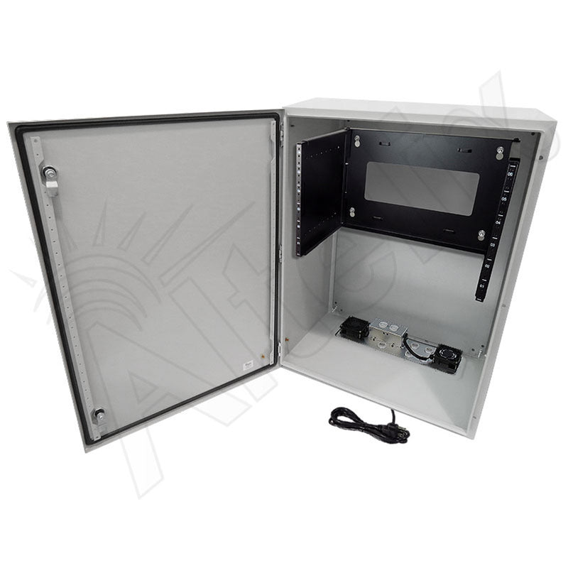 32x24x16 19" Wide 6U Rack Steel Weatherproof NEMA Enclosure with Dual Cooling Fans, Single 120 VAC Duplex Outlet and Power Cord