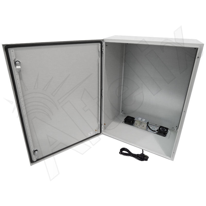 32x24x16 Steel Weatherproof NEMA Enclosure with Dual Cooling Fans, Single 120 VAC Duplex Outlet and Power Cord