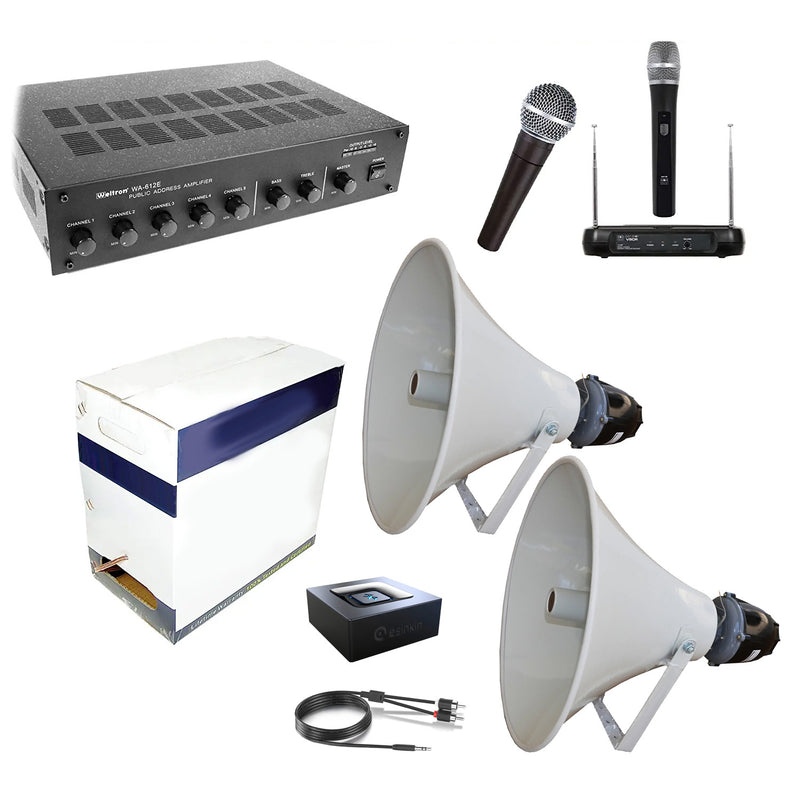 Long Range PA Kit - 2 Speakers - 20" Weatherproof Horn Speakers, 70V Amp Mixer, All Accessories, Ready to Install