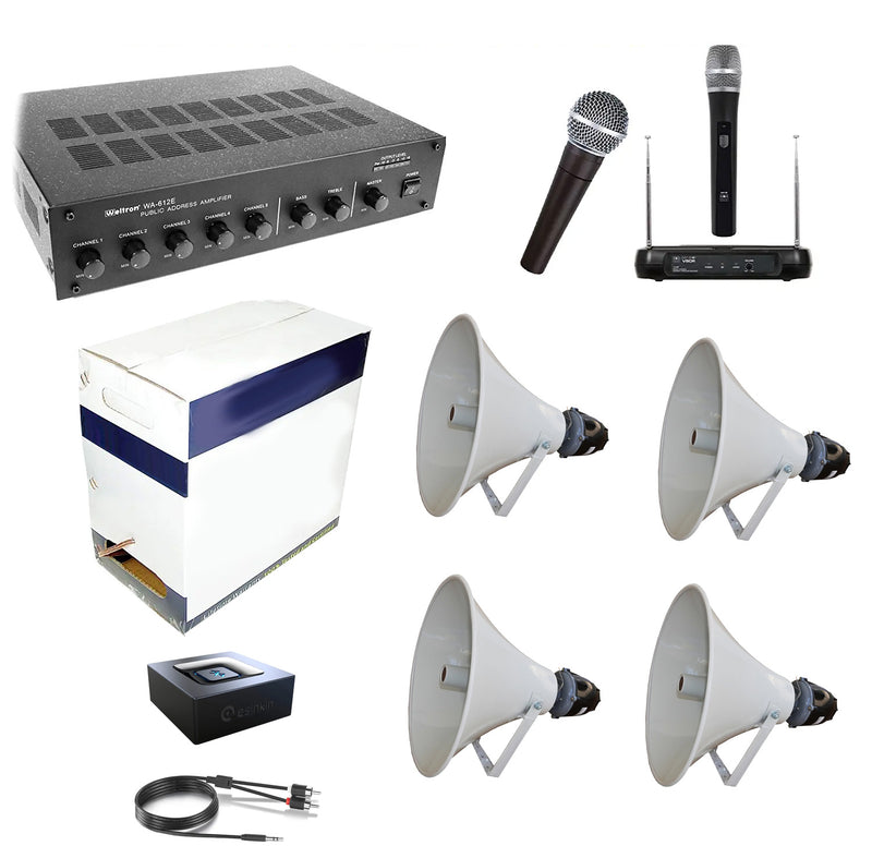 Long Range PA Kit - 4 Speakers - 20" Weatherproof Horn Speakers, 70V Amp Mixer, All Accessories, Ready to Install