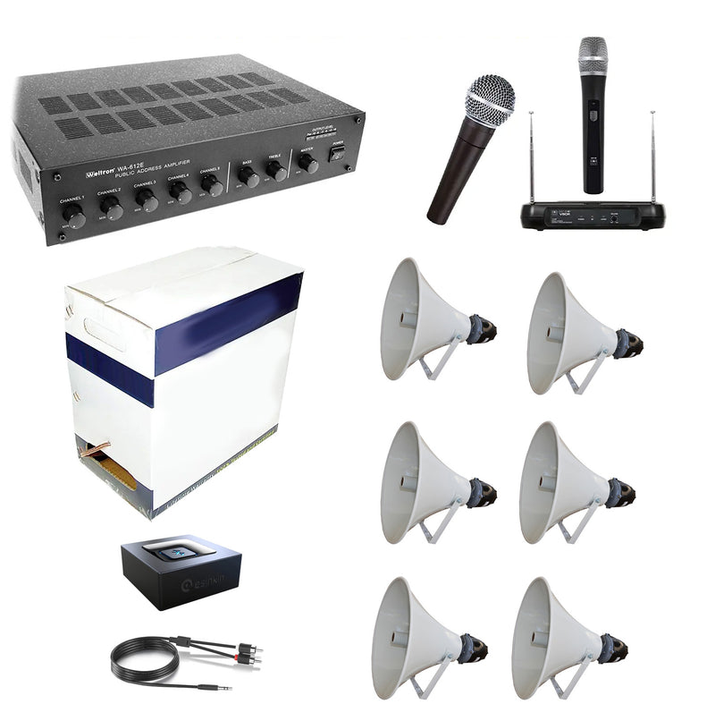 Long Range PA Kit - 6 Speakers - 20" Weatherproof Horn Speakers, 70V Amp Mixer, All Accessories, Ready to Install